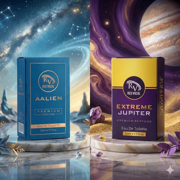 Two perfume boxes, 'Alien' and 'Extreme Jupiter', with space-themed backgrounds.