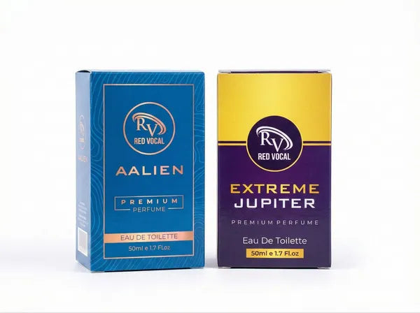Two perfume boxes from Red Vocal on a white background