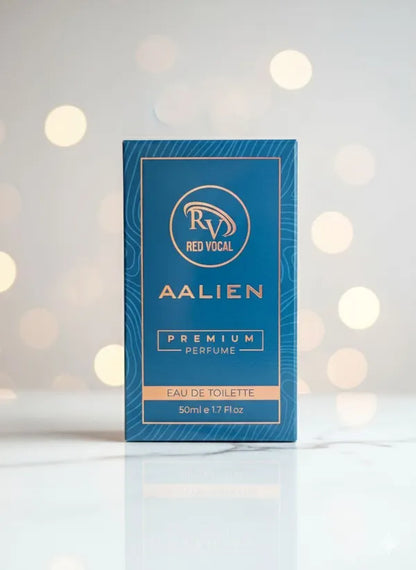 Blue perfume box labeled 'Aalien' by Red Vocal on a white background with blurred lights. Red Vocal Aalien Premium Perfume Eau De Toilette 50ml – Long Lasting Unisex with Woody Amber Notes