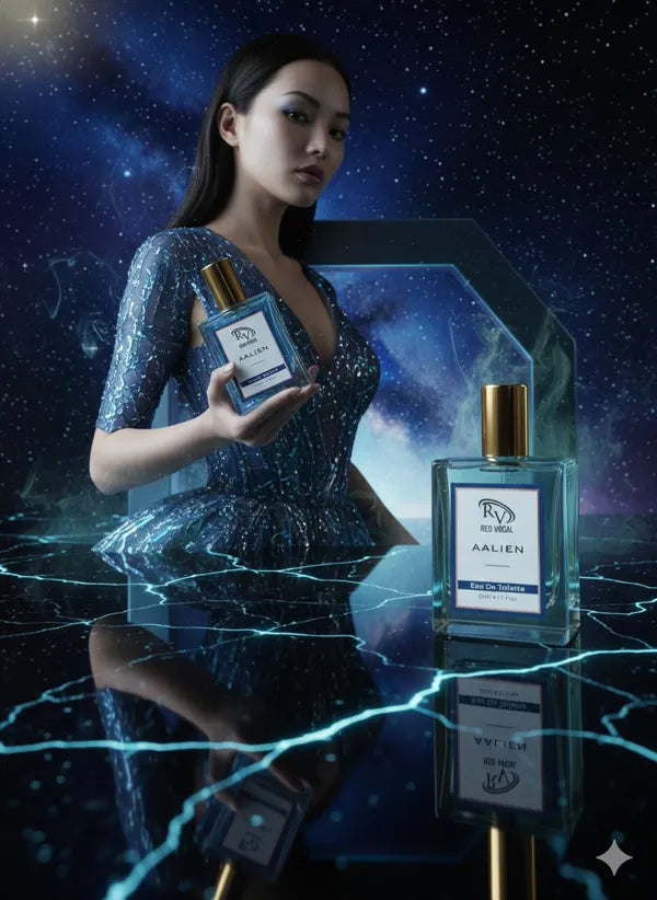 Woman holding a perfume bottle with a futuristic background Red Vocal Aalien Premium Perfume Eau De Toilette 50ml – Long Lasting Unisex with Woody Amber Notes Set of 2 