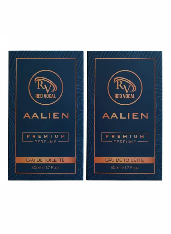 Two bottles of Aalien Premium Perfume by Red Vocal on a white  Red Vocal Aalien Premium Perfume Eau De Toilette 50ml – Long Lasting Unisex with Woody Amber Notes Set of 2 background