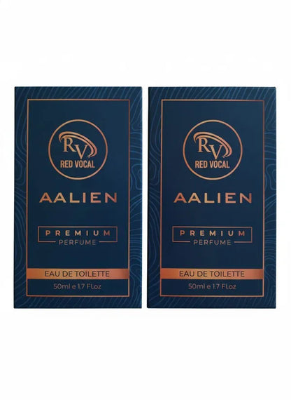 Two bottles of Aalien Premium Perfume by Red Vocal on a white  Red Vocal Aalien Premium Perfume Eau De Toilette 50ml – Long Lasting Unisex with Woody Amber Notes Set of 2 background