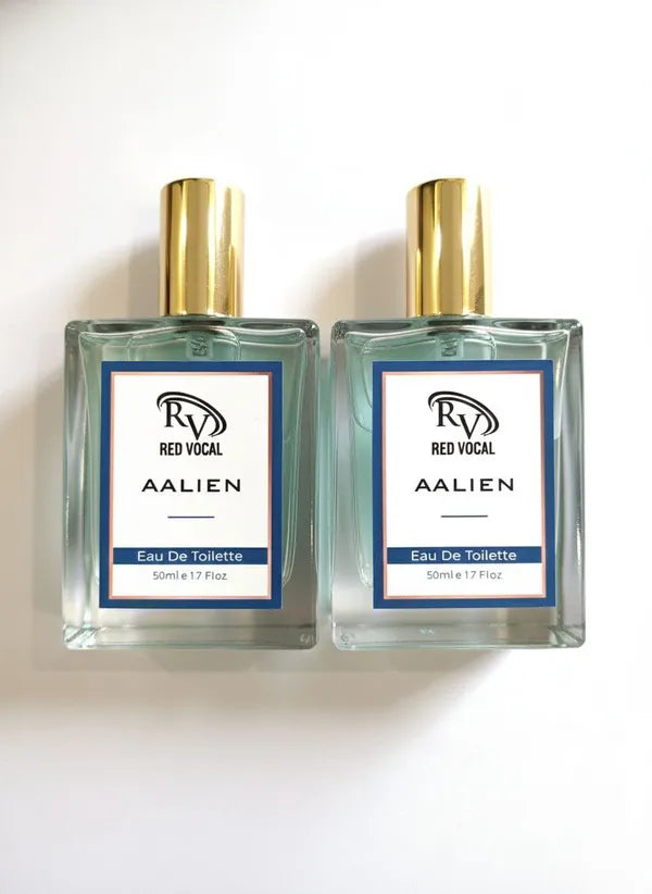 Two bottles of Red Vocal Aalien Eau De Toilette on a white background Red Vocal Aalien Premium Perfume Eau De Toilette 50ml – Long Lasting Unisex with Woody Amber Notes Set of 2 