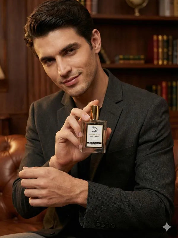 Man holding a perfume bottle in a cozy room with bookshelves. Red Vocal Aalien & White Oud Saffron Premium Perfume Set | Unisex Eau De Toilette | 2 x 50ml 
