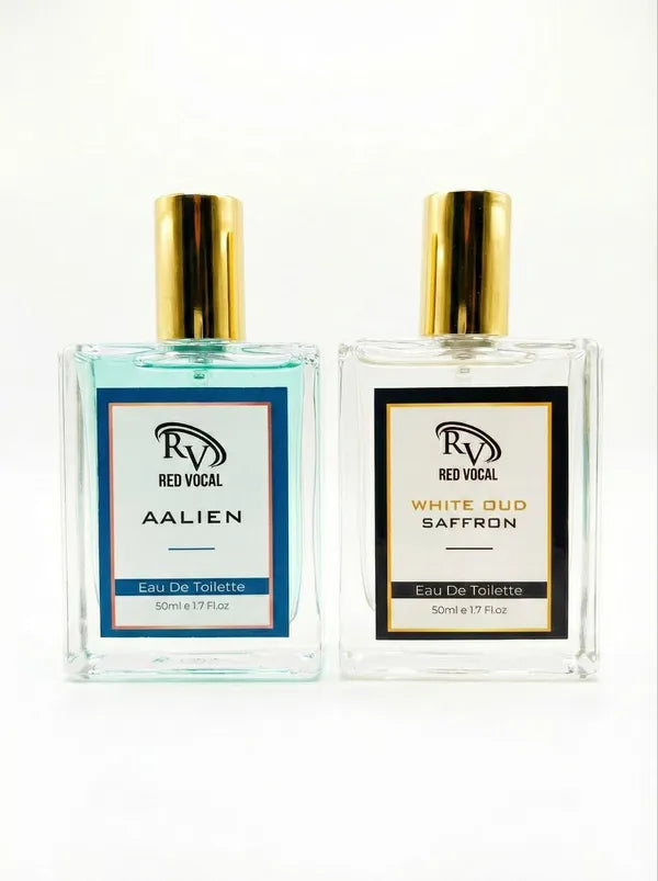Two bottles of Red Vocal Eau De Toilette on a white background Red Vocal Aalien & White Oud Saffron Premium Perfume Set | Unisex Eau De Toilette | 2 x 50ml 