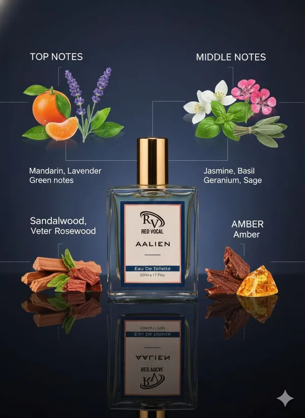 Perfume bottle with flavor notes labeled on a dark background Red Vocal Aalien & White Oud Saffron Premium Perfume Set | Unisex Eau De Toilette | 2 x 50ml 
