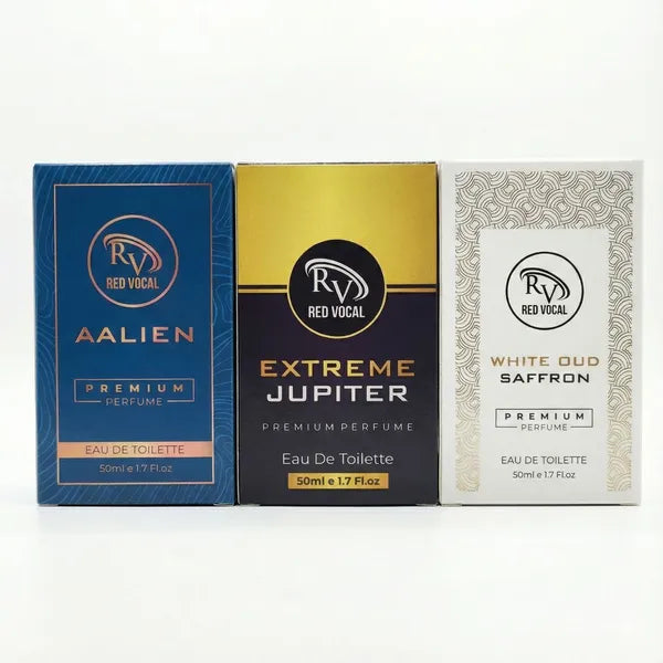 Three perfume boxes from Red Vocal on a white background Red Vocal Aalien for Unisex , Extreme Jupiter for Women & White Oud Saffron Premium Perfume for Unisex Combo | Eau De Toilette | 3 x 50ml 