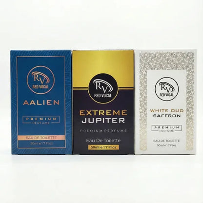 Three perfume boxes from Red Vocal on a white background Red Vocal Aalien for Unisex , Extreme Jupiter for Women & White Oud Saffron Premium Perfume for Unisex Combo | Eau De Toilette | 3 x 50ml 
