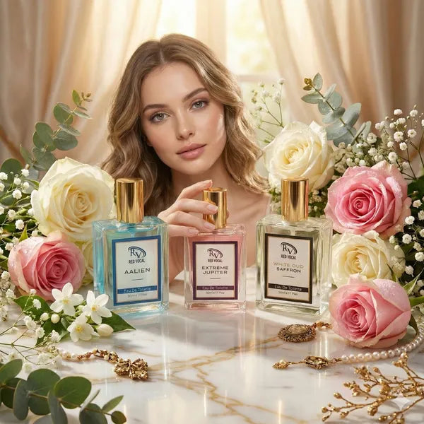 Woman holding a perfume bottle with floral and jewelry elements on a marble surface. Red Vocal Aalien for Unisex , Extreme Jupiter for Women & White Oud Saffron Premium Perfume for Unisex Combo | Eau De Toilette | 3 x 50ml 