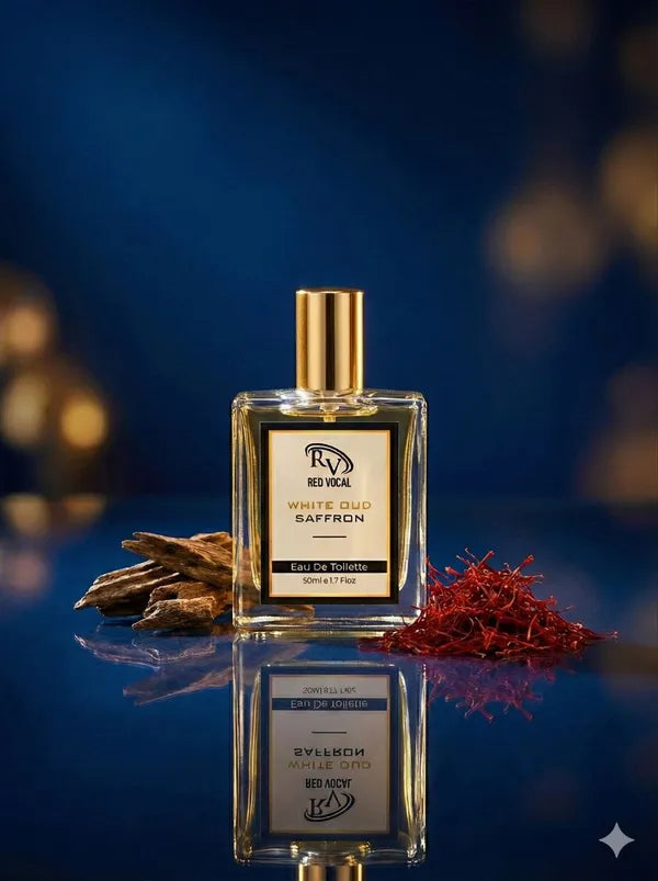 Perfume bottle labeled 'White Oud Saffron' with saffron threads on a reflective surface against a blue background Red Vocal Aalien for Unisex , Extreme Jupiter for Women & White Oud Saffron Premium Perfume for Unisex Combo | Eau De Toilette | 3 x 50ml 