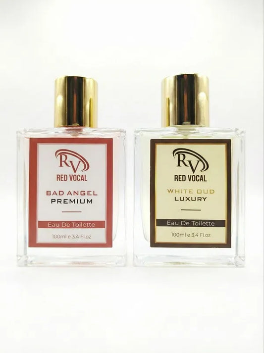 Two bottles of Red Vocal perfume on a white background Buy Red Vocal Bad Angel &amp; White Oud perfume combo 2x100ml. Seductive women’s scent and luxury unisex oud EDT. Long-lasting, 100% original.
