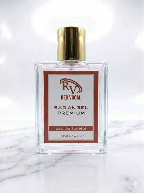 Perfume bottle labeled 'Bad Angel Premium' by Red Vocal on a marble surface. 
Red Vocal Bad Angel Premium Perfume Eau De Toilette for Women – 100ml Sweet, Sensual & Long-Lasting Fragrance