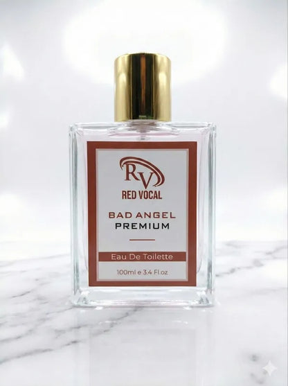 Perfume bottle labeled 'Bad Angel Premium' by Red Vocal on a marble surface. 
Red Vocal Bad Angel Premium Perfume Eau De Toilette for Women – 100ml Sweet, Sensual & Long-Lasting Fragrance