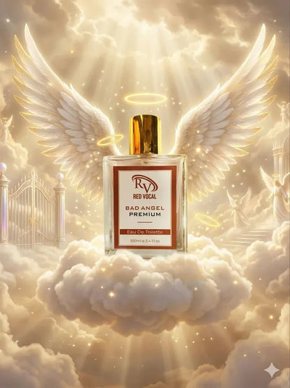 Perfume bottle labeled 'Bad Angel' on a cloud with angel wings and a golden halo. 
Red Vocal Bad Angel Premium Perfume Eau De Toilette for Women – 100ml Sweet, Sensual & Long-Lasting Fragrance
