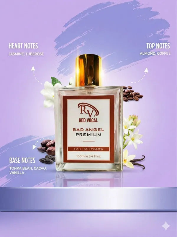 Perfume bottle labeled 'Red Vocal Bad Angel Premium' with floral and coffee bean elements on a purple background. 
Red Vocal Bad Angel Premium Perfume Eau De Toilette for Women – 100ml Sweet, Sensual & Long-Lasting Fragrance