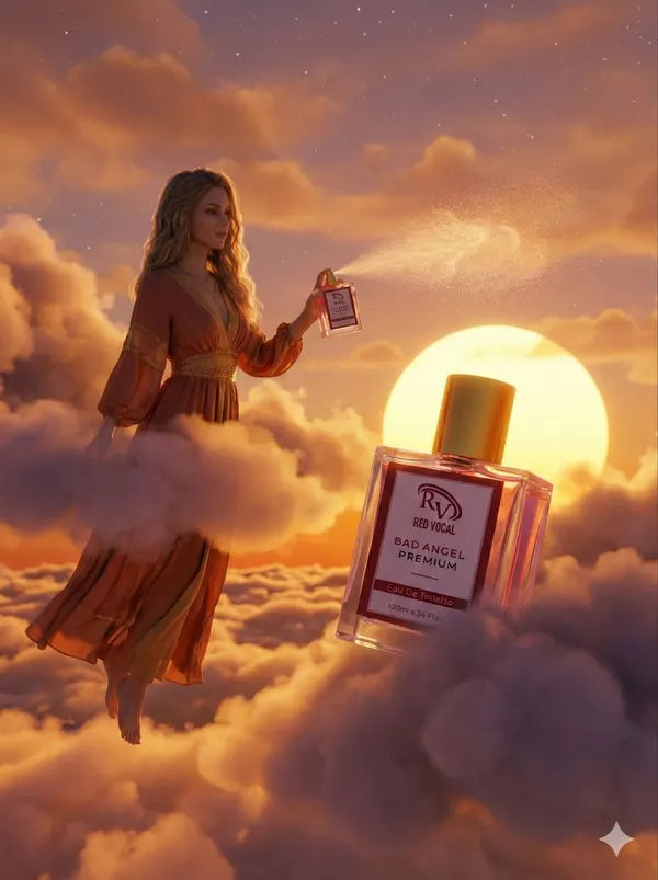 Woman on a cloud holding a perfume bottle with a sunset background Red Vocal Bad Angel Premium Perfume Eau De Toilette for Women – 100ml Sweet, Sensual & Long-Lasting Set of 2 Fragrance