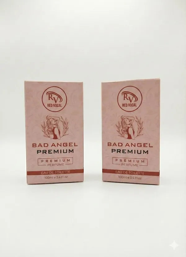 Two boxes of Bad Angel Premium perfume on a white backgroundRed Vocal Bad Angel Premium Perfume Eau De Toilette for Women – 100ml Sweet, Sensual & Long-Lasting Set of 2 Fragrance