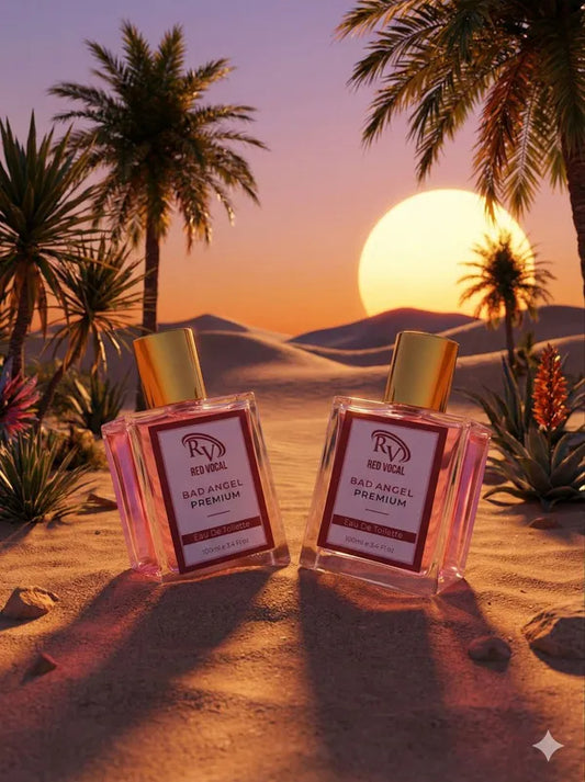 Two perfume bottles with a desert sunset and palm trees in the background Red Vocal Bad Angel Premium Perfume Eau De Toilette for Women – 100ml Sweet, Sensual & Long-Lasting Set of 2 Fragrance