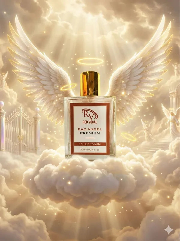 Perfume bottle labeled 'Bad Angel' on a cloud with angel wings and a golden halo. Red Vocal Bad Angel Premium Perfume Eau De Toilette for Women – 100ml Sweet, Sensual & Long-Lasting Set of 2 Fragrance
