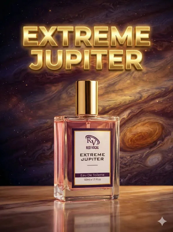 Perfume bottle labeled 'Extreme Jupiter' with a space-themed backgroundRed Vocal Extreme Jupiter Premium Perfume Eau De Toilette 50ml – Long Lasting Women's Fragrance