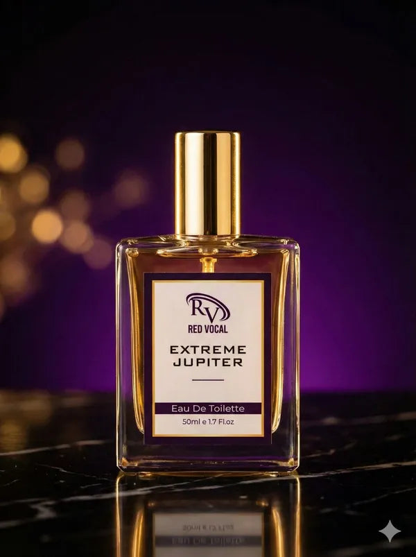 Perfume bottle labeled 'Extreme Jupiter' by Red Vocal on a reflective surface with a blurred purple background.Red Vocal Extreme Jupiter Premium Perfume Eau De Toilette 50ml – Long Lasting Women's Fragrance