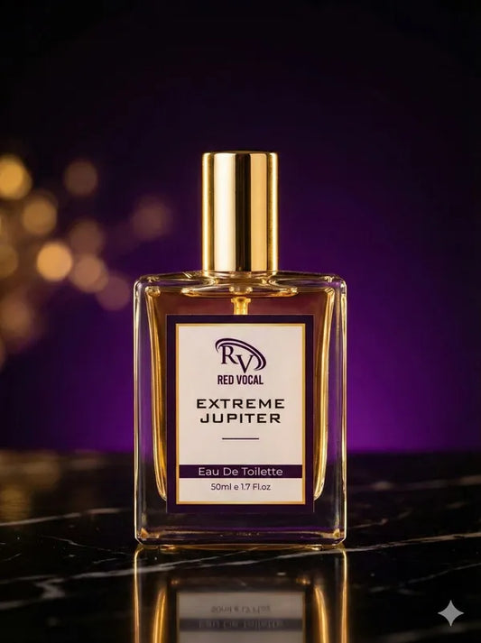 Perfume bottle labeled 'Extreme Jupiter' by Red Vocal on a reflective surface with a blurred purple background.Red Vocal Extreme Jupiter Premium Perfume Eau De Toilette 50ml – Long Lasting Women's Fragrance