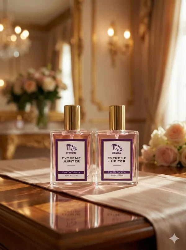 Two bottles of Extreme Jupiter perfume on a reflective surface with a luxurious interior background. 
Red Vocal Extreme Jupiter Premium Perfume Eau De Toilette 50ml – Long Lasting Women's Fragrance Set of 2 