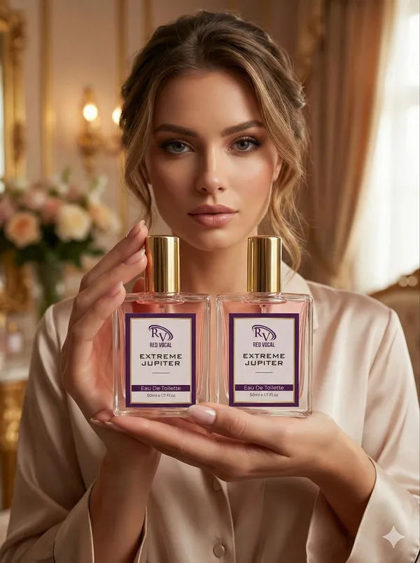 Woman holding two bottles of Extreme Jupiter perfume in a luxurious setting 
Red Vocal Extreme Jupiter Premium Perfume Eau De Toilette 50ml – Long Lasting Women's Fragrance Set of 2 