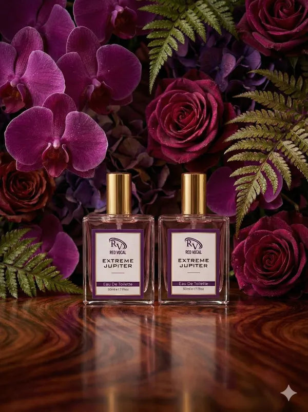 Two bottles of Extreme Jupiter perfume surrounded by purple flowers on a wooden surface 
Red Vocal Extreme Jupiter Premium Perfume Eau De Toilette 50ml – Long Lasting Women's Fragrance Set of 2 