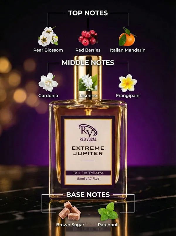 Perfume bottle labeled 'Extreme Jupiter' with notes displayed on a dark background Red Vocal Extreme Jupiter Premium Perfume Eau De Toilette 50ml – Long Lasting Women's Fragrance