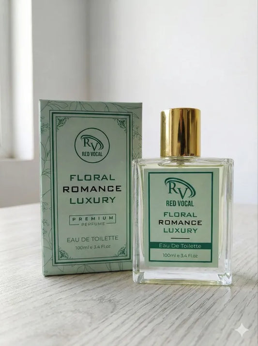 Floral Romance Luxury perfume bottle and packaging on a light surface with a neutral background Buy Red Vocal Floral Romance perfume for women 100ml. Elegant, long-lasting floral EDT for daily wear and special occasions. 100% original, fast shipping.