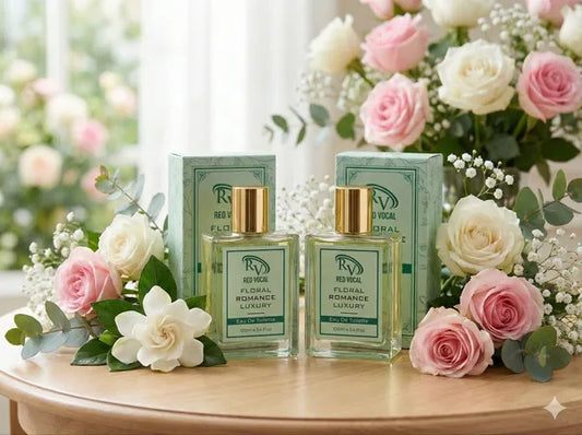 Two perfume bottles with floral packaging on a table surrounded by flowers Shop Red Vocal Floral Romance perfume for women 2x100ml. An elegant, long-lasting floral EDT for daily wear and special occasions. 100% original, fast shipping.