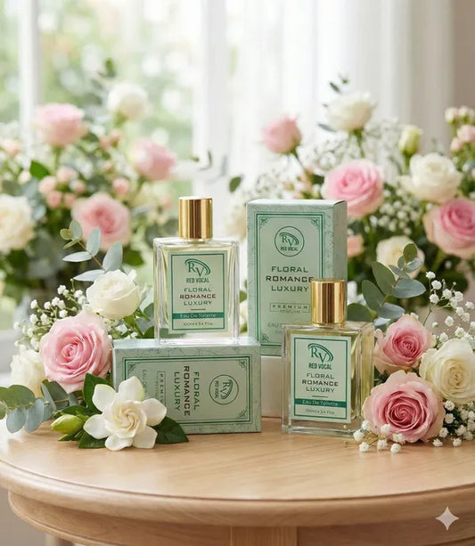 Perfume bottles and boxes on a table with floral decorations Shop Red Vocal Floral Romance perfume for women 2x100ml. An elegant, long-lasting floral EDT for daily wear and special occasions. 100% original, fast shipping.