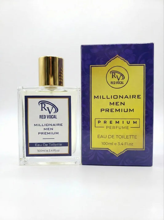 Perfume bottle and packaging of Red Vocal Millionaire Men Premium on a white background Red Vocal Millionaire Men Premium Perfume Eau De Toilette – Long-Lasting 100ml Bold & Luxurious Fragrance