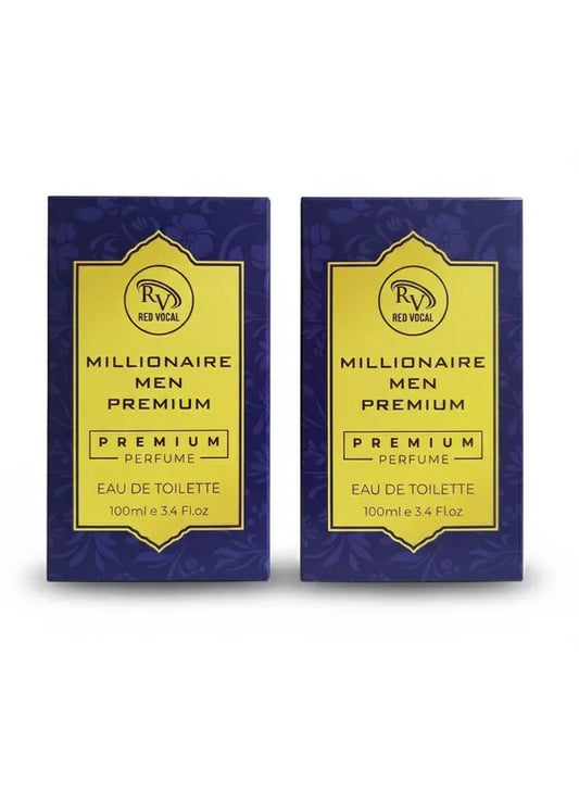 Two boxes of Millionaire Men Premium perfume on a white  background 
Red Vocal Millionaire Men Premium Perfume Eau De Toilette – Long-Lasting 100ml Bold & Luxurious Set of 2 Fragrance 