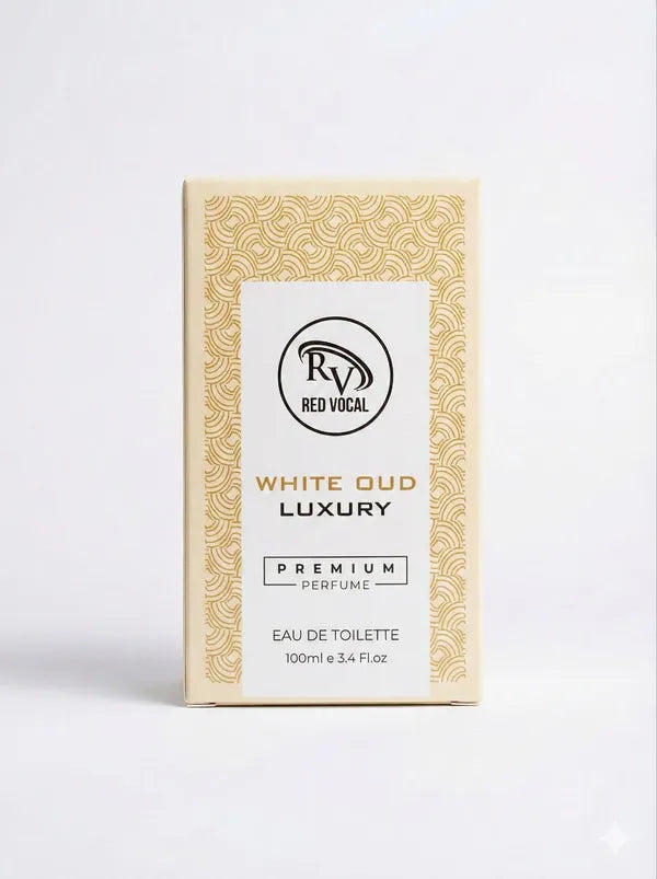 White Oud Luxury perfume packaging with Red Vocal logo on a light gray background Red Vocal White Oud Luxury Premium Perfume Eau De Toilette – Unisex 100ml Bold & Long-Lasting Fragrance