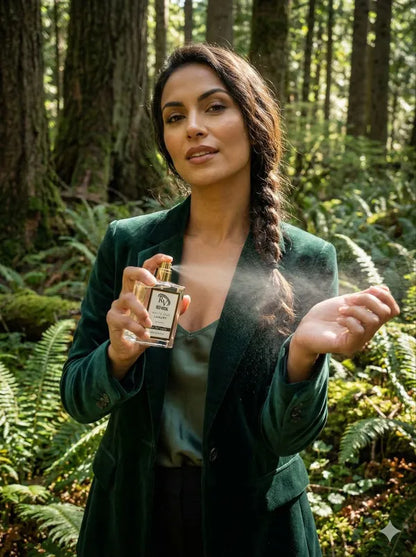 Woman in a forest holding a perfume bottle, with a natural setting. Red Vocal White Oud Luxury Premium Perfume Eau De Toilette – Unisex 100ml Bold & Long-Lasting Fragrance