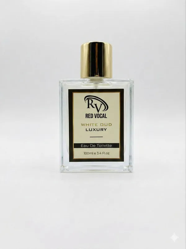 Perfume bottle with gold cap and black label on a white background Red Vocal White Oud Luxury Premium Perfume Eau De Toilette – Unisex 100ml Bold & Long-Lasting Fragrance