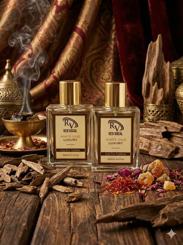 Two bottles of Red Vocal luxury perfume on a wooden surface with incense and spices.  Red Vocal White Oud Luxury Premium Perfume Eau De Toilette – Unisex 100ml Bold & Long-Lasting Set of 2 Fragrance 