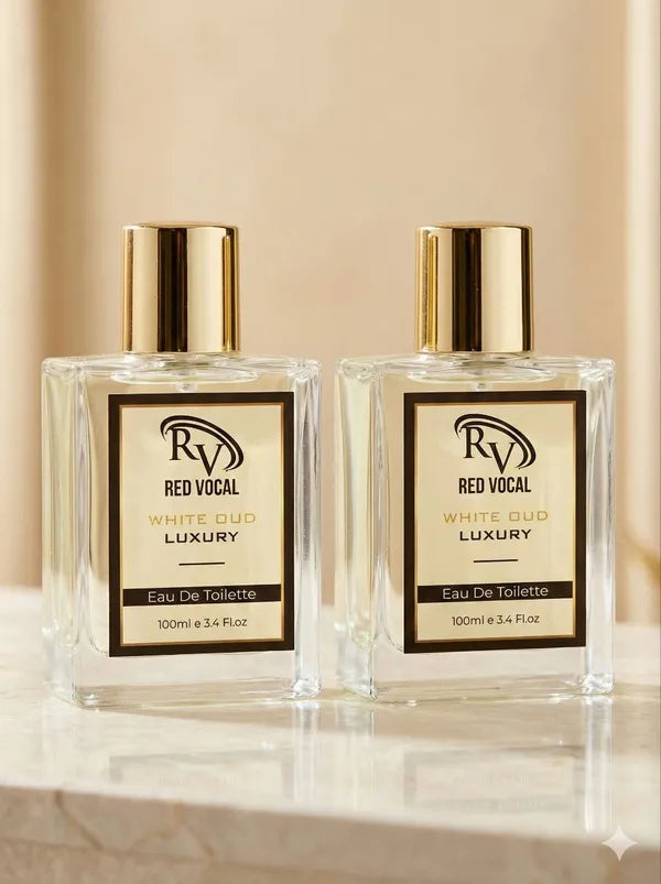 Two bottles of Red Vocal White Gold Luxury Eau De Toilette on a beige background  Red Vocal White Oud Luxury Premium Perfume Eau De Toilette – Unisex 100ml Bold & Long-Lasting Set of 2 Fragrance 