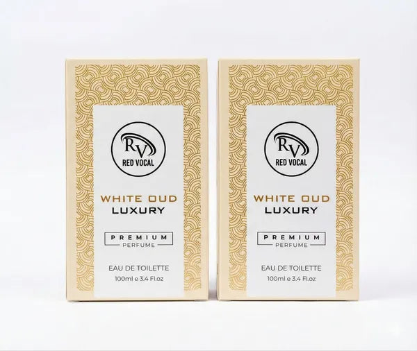 Two boxes of Red Vocal White Oud Luxury perfume on a white background  Red Vocal White Oud Luxury Premium Perfume Eau De Toilette – Unisex 100ml Bold & Long-Lasting Set of 2 Fragrance 
