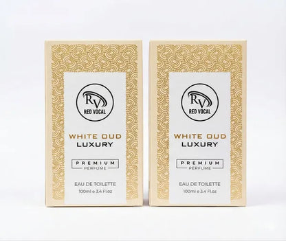 Two boxes of Red Vocal White Oud Luxury perfume on a white background  Red Vocal White Oud Luxury Premium Perfume Eau De Toilette – Unisex 100ml Bold & Long-Lasting Set of 2 Fragrance 