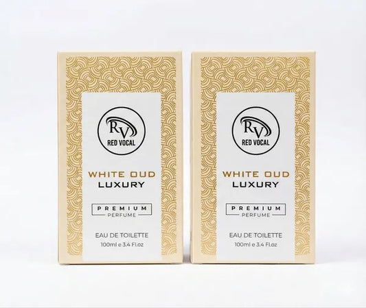 Two boxes of Red Vocal White Oud Luxury perfume on a white background  Red Vocal White Oud Luxury Premium Perfume Eau De Toilette – Unisex 100ml Bold & Long-Lasting Set of 2 Fragrance 