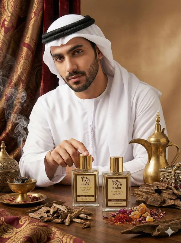 Man in traditional attire with gold perfume bottles and decorative items on a table.  Red Vocal White Oud Luxury Premium Perfume Eau De Toilette – Unisex 100ml Bold & Long-Lasting Set of 2 Fragrance 