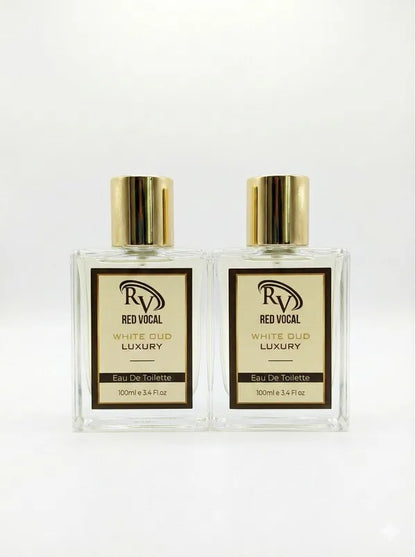 Two bottles of Red Vocal White Oud Luxury Eau De Toilette on a white background  Red Vocal White Oud Luxury Premium Perfume Eau De Toilette – Unisex 100ml Bold & Long-Lasting Set of 2 Fragrance 