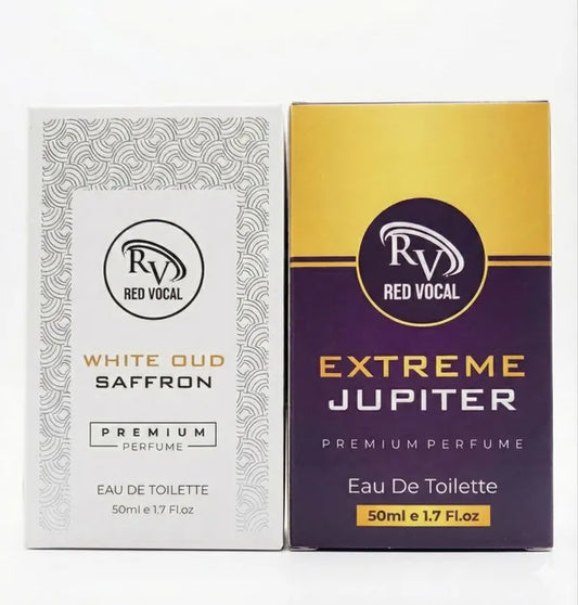 Two perfume boxes from Red Vocal on a white background 
Red Vocal White Oud Saffron For Unisex & Extreme Jupiter Premium Perfume Set For Women | Long-Lasting Eau De Toilette | 2 x 50ml