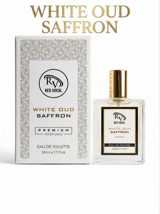 White Oud Saffron perfume bottle and packaging with 'Red Vocal' branding on a white background. Red Vocal White Oud Saffron Premium Perfume Eau De Toilette 50ml – Luxury Fragrance For Unisex