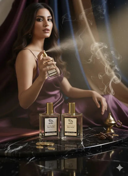 Woman spraying perfume with two bottles and a diffuser on a dark surface 
Red Vocal White Oud Saffron Premium Perfume Eau De Toilette 50ml – Luxury Fragrance For Unisex Set of 2