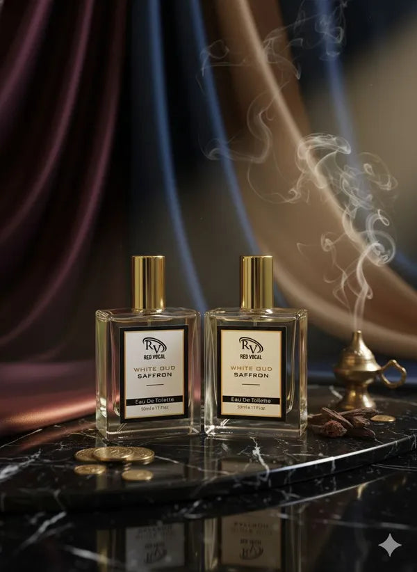 Two perfume bottles on a dark surface with smoke and a curtain in the background 
Red Vocal White Oud Saffron Premium Perfume Eau De Toilette 50ml – Luxury Fragrance For Unisex Set of 2