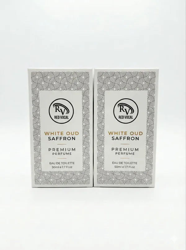 Two boxes of Revoca White Oud Saffron perfume on a white background 
Red Vocal White Oud Saffron Premium Perfume Eau De Toilette 50ml – Luxury Fragrance For Unisex Set of 2